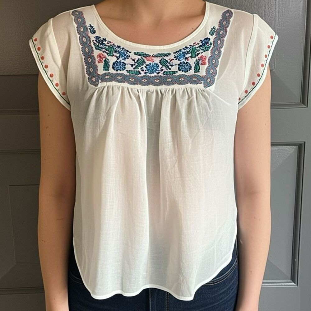 Love Stitch White Embroidered Floral Hippie, Boho, Peasant Cal Sleeve Top Shirt